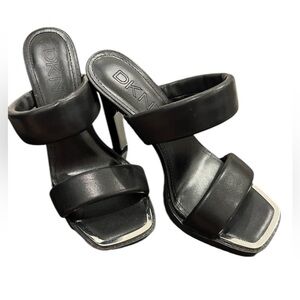 DKNY Ralia Black Puff Strap Metal Detail Square Toe Sandal Platform Heels